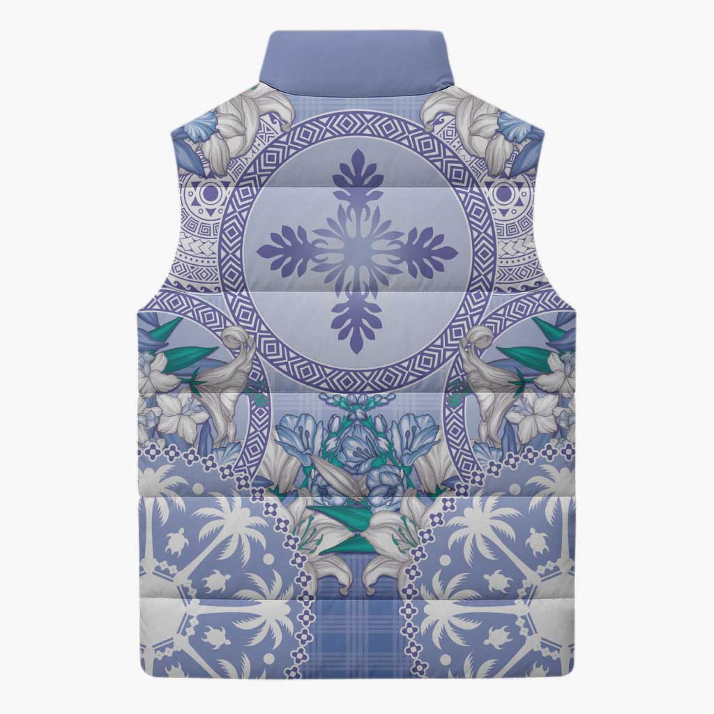 Hawaii Violet Palaka Sleeveless Puffer Jacket With Tapa Pattern Tropical Flowers - Polynesian Pride