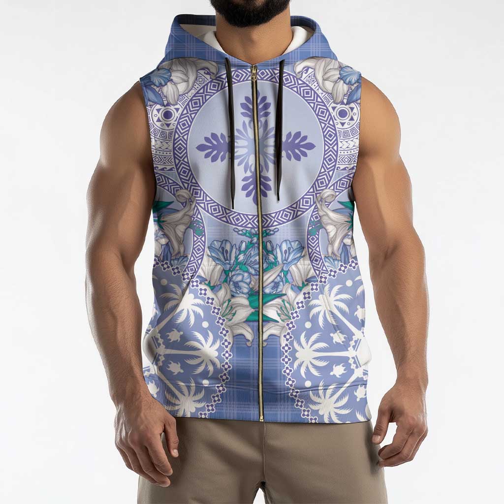 Hawaii Violet Palaka Sleeveless Zip Hoodie With Tapa Pattern Tropical Flowers - Polynesian Pride
