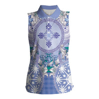 Hawaii Violet Palaka Women Sleeveless Polo Shirt With Tapa Pattern Tropical Flowers - Polynesian Pride