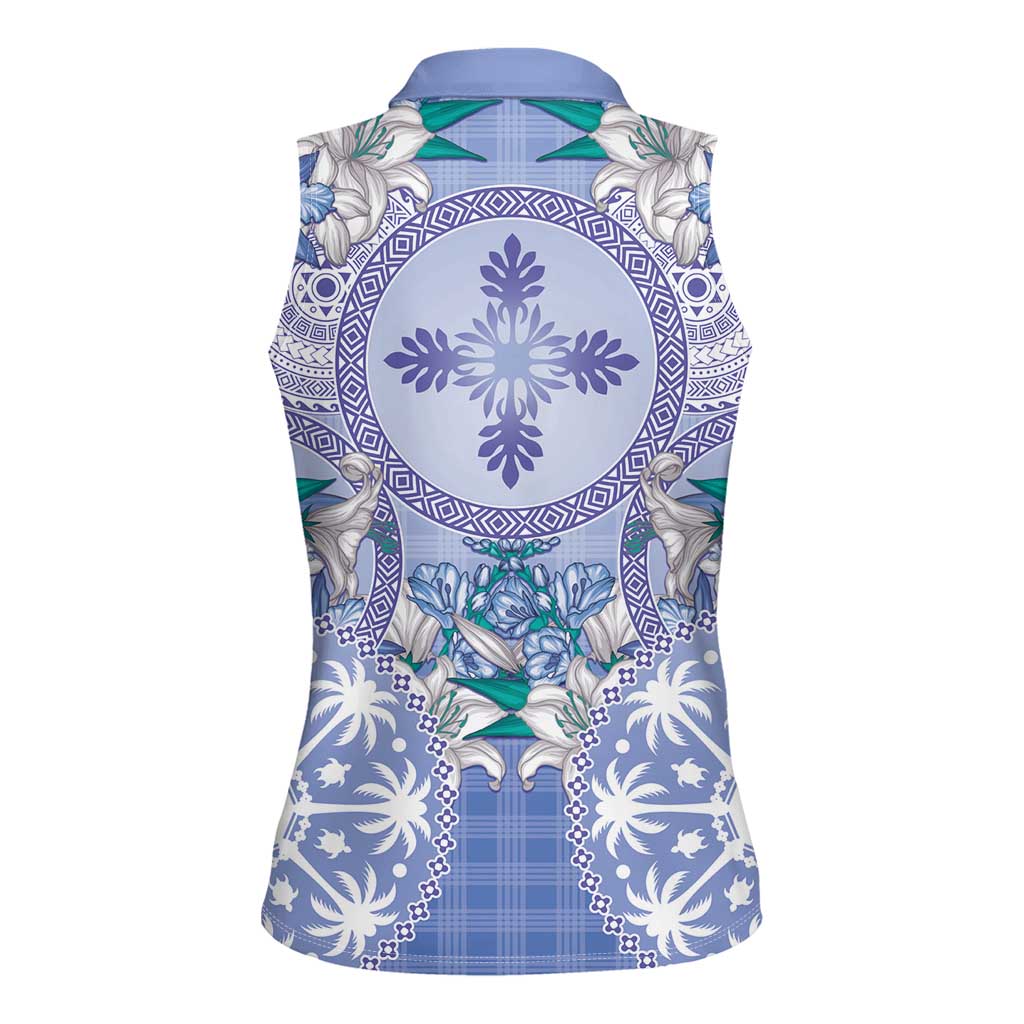 Hawaii Violet Palaka Women Sleeveless Polo Shirt With Tapa Pattern Tropical Flowers - Polynesian Pride