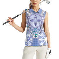 Hawaii Violet Palaka Women Sleeveless Polo Shirt With Tapa Pattern Tropical Flowers - Polynesian Pride