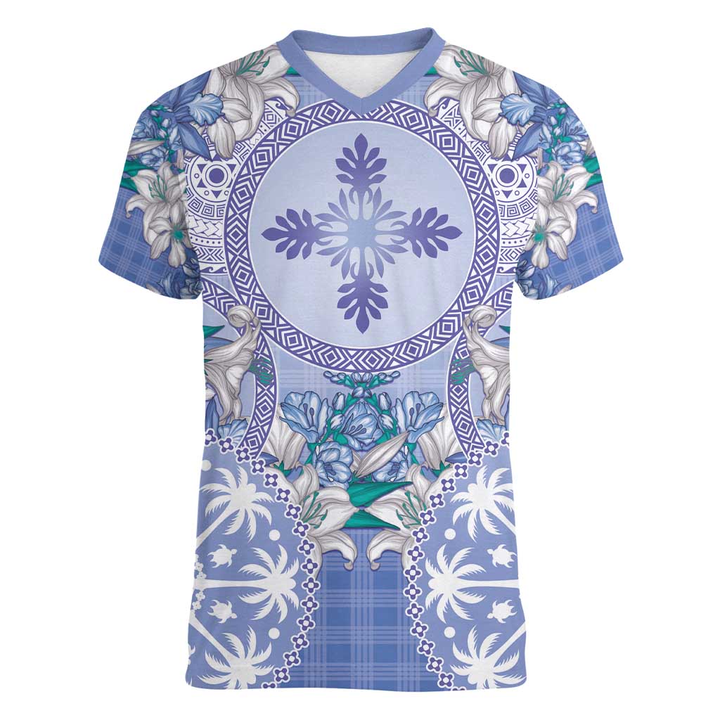 Hawaii Violet Palaka Women V-Neck T-Shirt With Tapa Pattern Tropical Flowers - Polynesian Pride