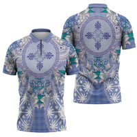 Hawaii Violet Palaka Zipper Polo Shirt With Tapa Pattern Tropical Flowers - Polynesian Pride