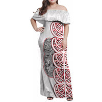 Aotearoa New Zealand Family Matching Off Shoulder Maxi Dress and Hawaiian Shirt Maori Marae Pattern Tiki LT05 Mom's Dress White - Polynesian Pride
