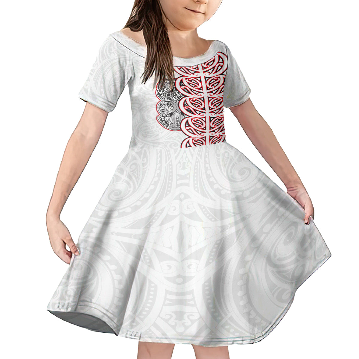 Aotearoa New Zealand Family Matching Puletasi Dress and Hawaiian Shirt Maori Marae Pattern Tiki LT05 Daughter's Dress White - Polynesian Pride