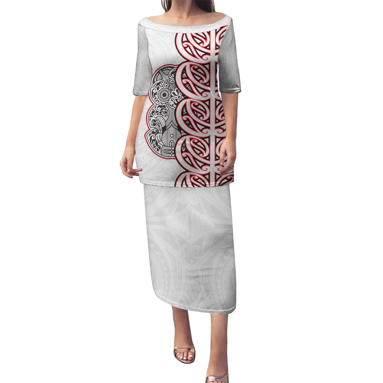Aotearoa New Zealand Puletasi Maori Marae Pattern Tiki LT05 Long Dress White - Polynesian Pride