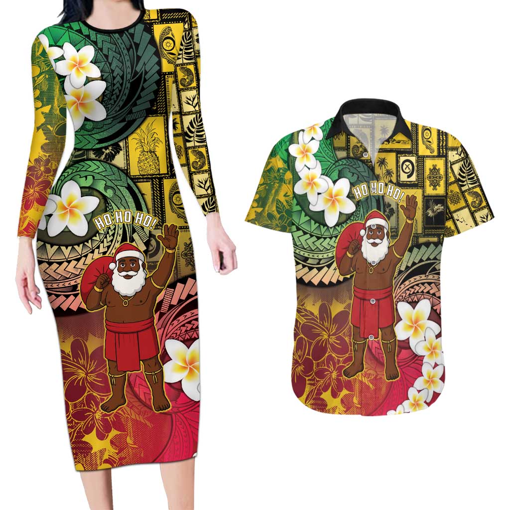 Vanuatu Christmas Couples Matching Long Sleeve Bodycon Dress and Hawaiian Shirt Ni-Van Santa Retro Style - Polynesian Pride