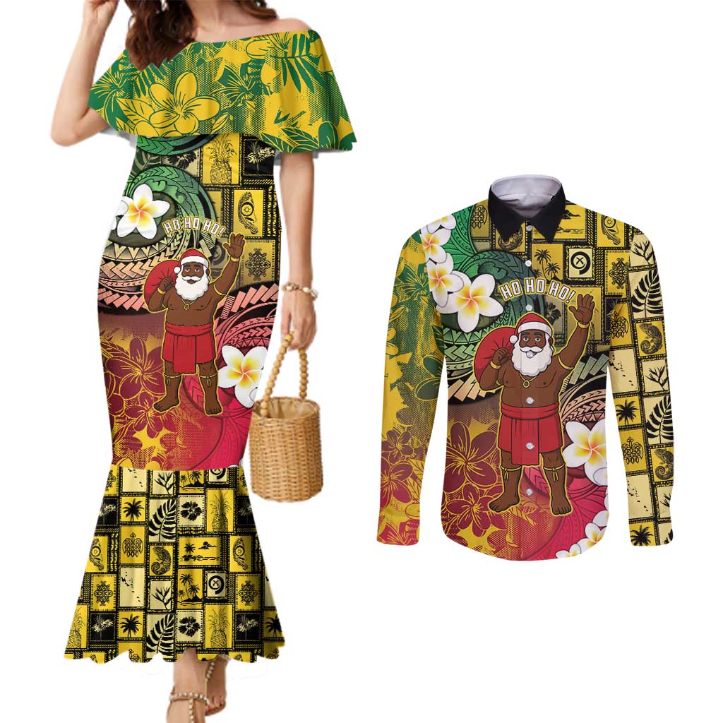 Vanuatu Christmas Couples Matching Mermaid Dress and Long Sleeve Button Shirt Ni-Van Santa Retro Style - Polynesian Pride