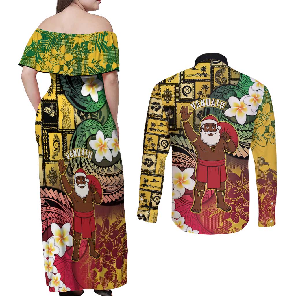 Vanuatu Christmas Couples Matching Off Shoulder Maxi Dress and Long Sleeve Button Shirt Ni-Van Santa Retro Style - Polynesian Pride