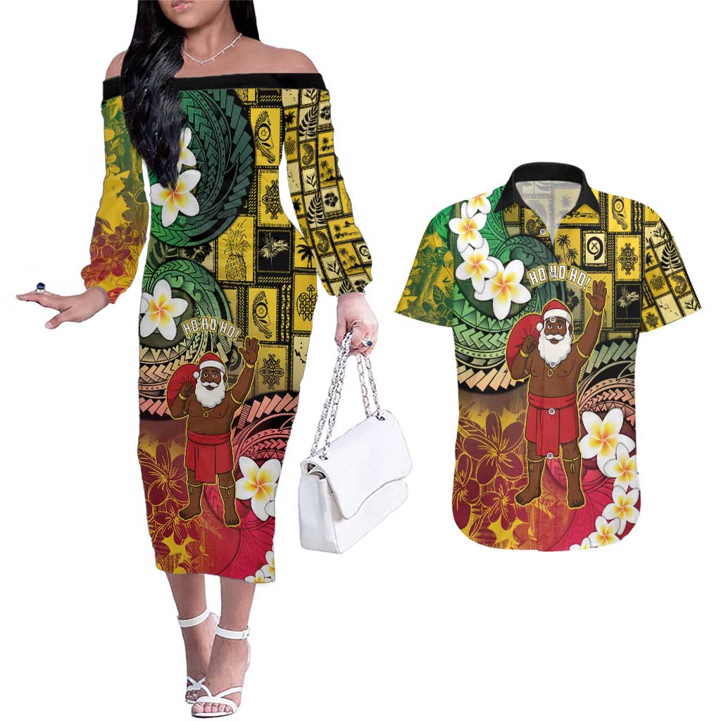 Vanuatu Christmas Couples Matching Off The Shoulder Long Sleeve Dress and Hawaiian Shirt Ni-Van Santa Retro Style - Polynesian Pride