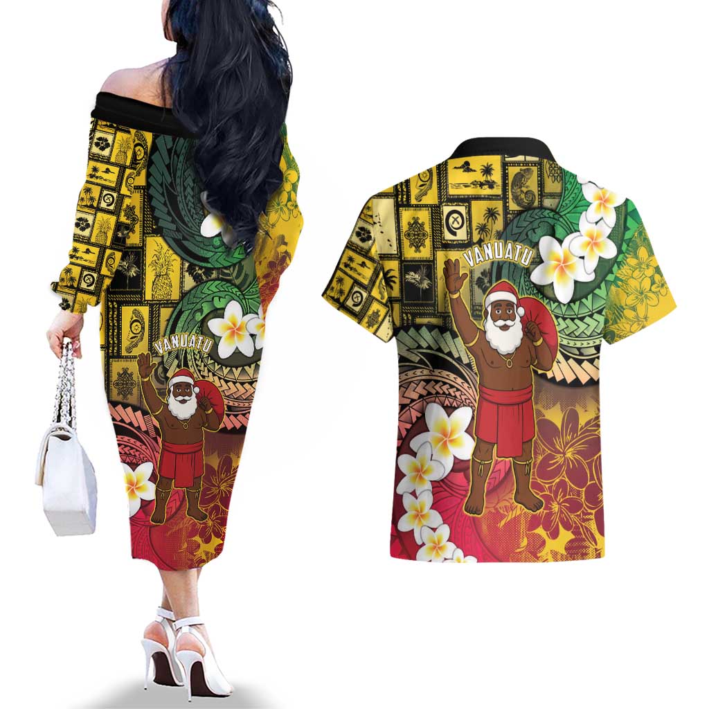 Vanuatu Christmas Couples Matching Off The Shoulder Long Sleeve Dress and Hawaiian Shirt Ni-Van Santa Retro Style - Polynesian Pride