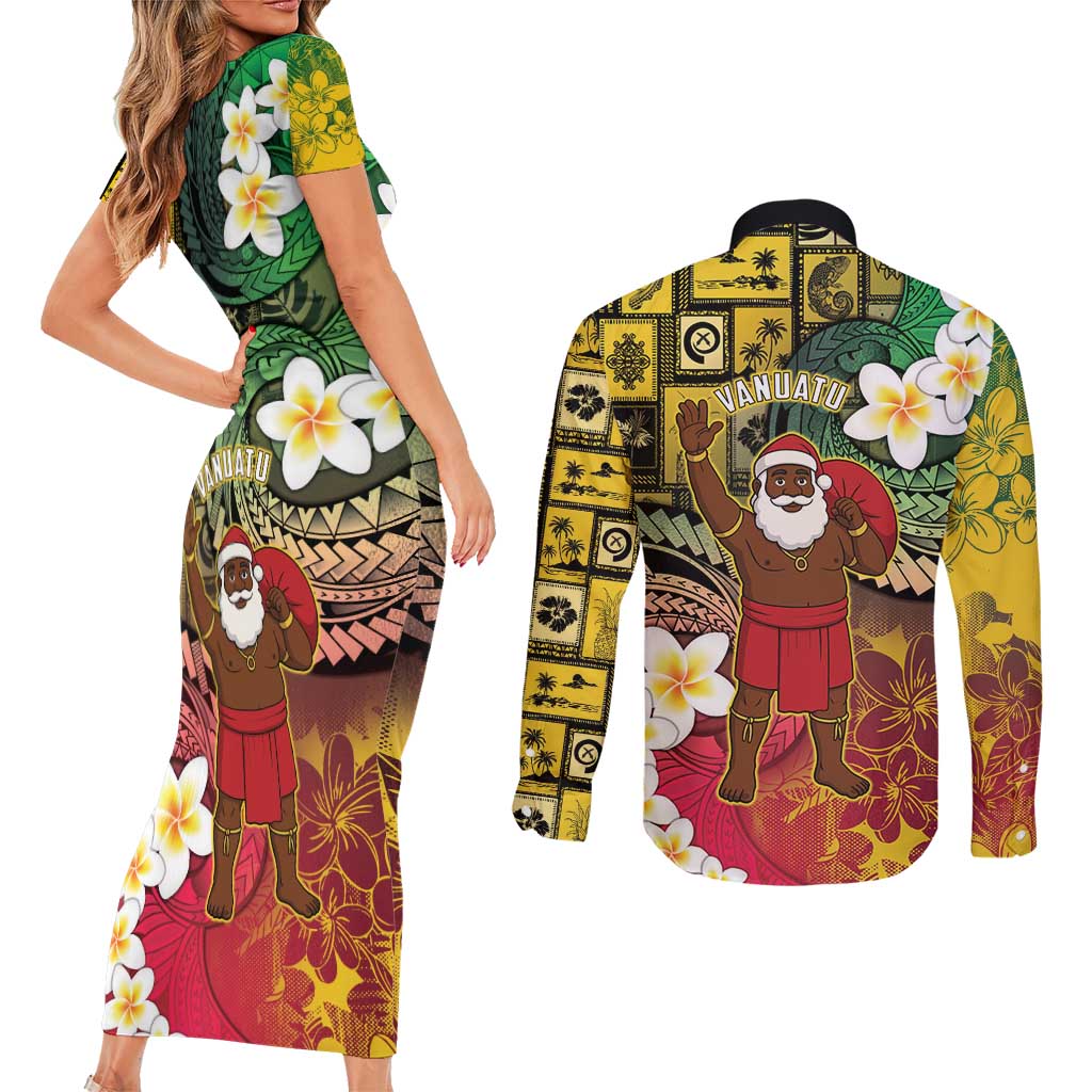 Vanuatu Christmas Couples Matching Short Sleeve Bodycon Dress and Long Sleeve Button Shirt Ni-Van Santa Retro Style - Polynesian Pride