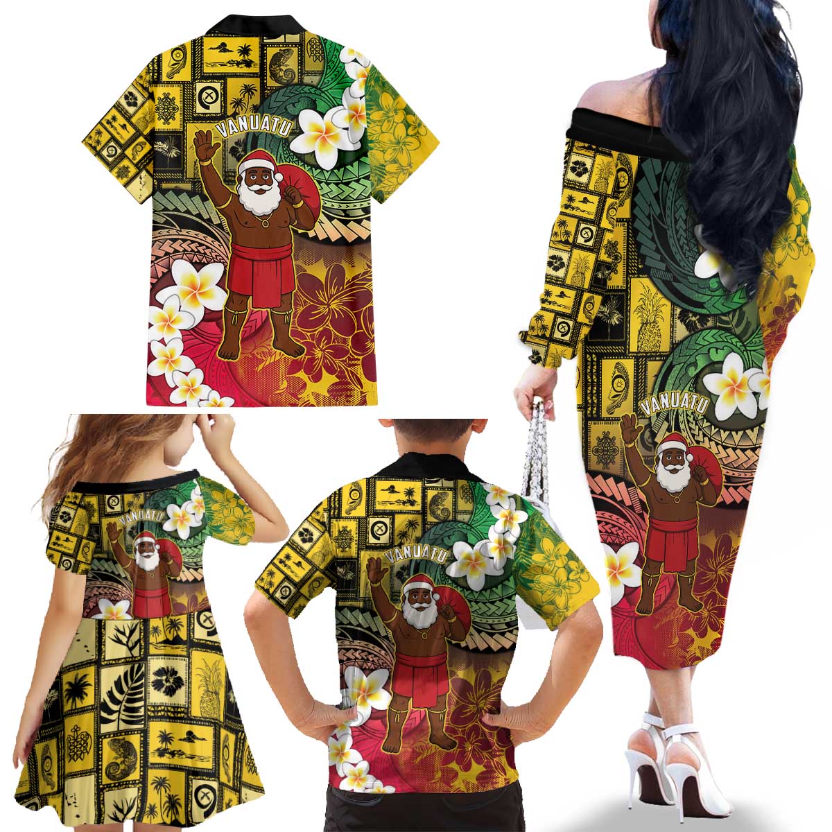 Vanuatu Christmas Family Matching Off The Shoulder Long Sleeve Dress and Hawaiian Shirt Ni-Van Santa Retro Style - Polynesian Pride
