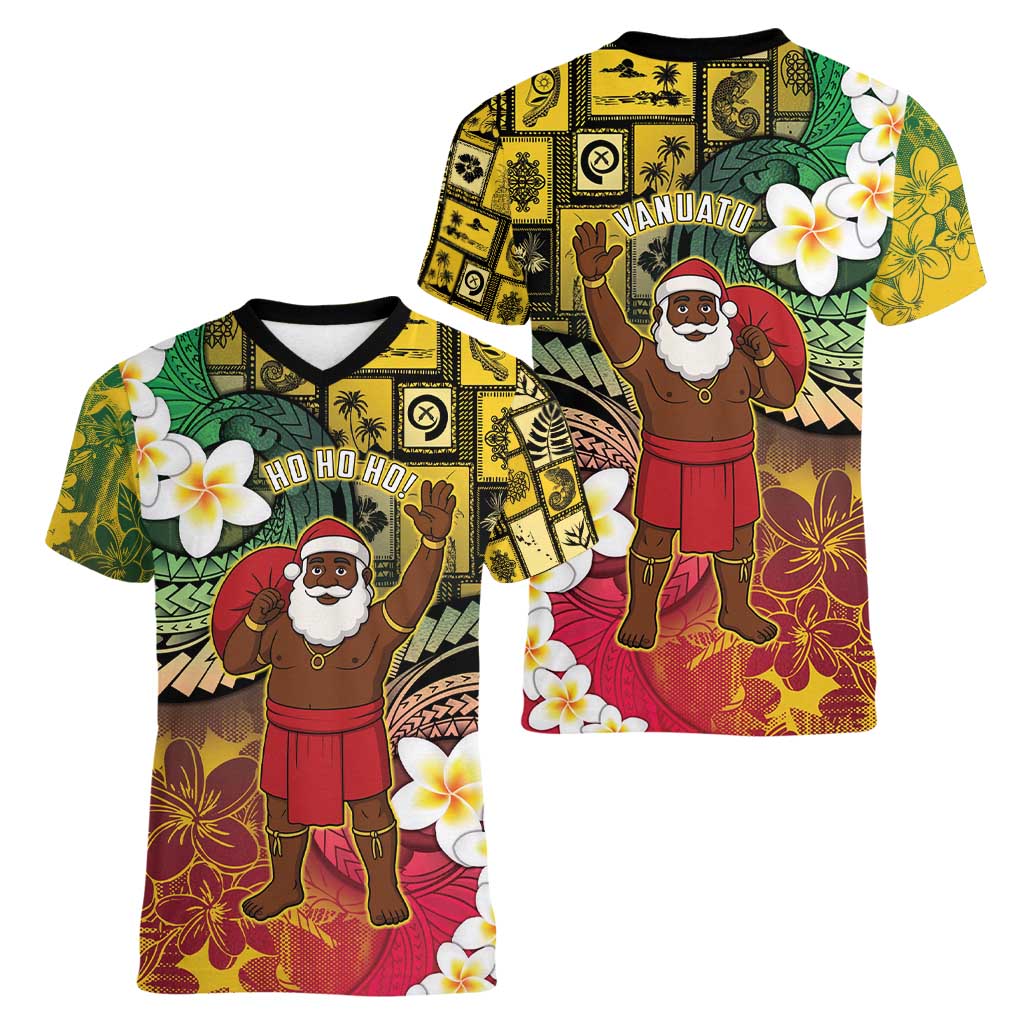 Vanuatu Christmas Women V-Neck T-Shirt Ni-Van Santa Retro Style - Polynesian Pride