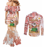 Hawaii Mele Kalikimaka Couples Matching Mermaid Dress and Long Sleeve Button Shirt Hula Santa Retro Style Red - Polynesian Pride