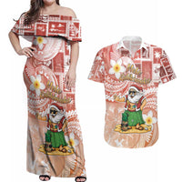 Hawaii Mele Kalikimaka Couples Matching Off Shoulder Maxi Dress and Hawaiian Shirt Hula Santa Retro Style Red - Polynesian Pride