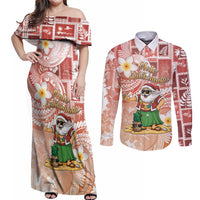 Hawaii Mele Kalikimaka Couples Matching Off Shoulder Maxi Dress and Long Sleeve Button Shirt Hula Santa Retro Style Red - Polynesian Pride
