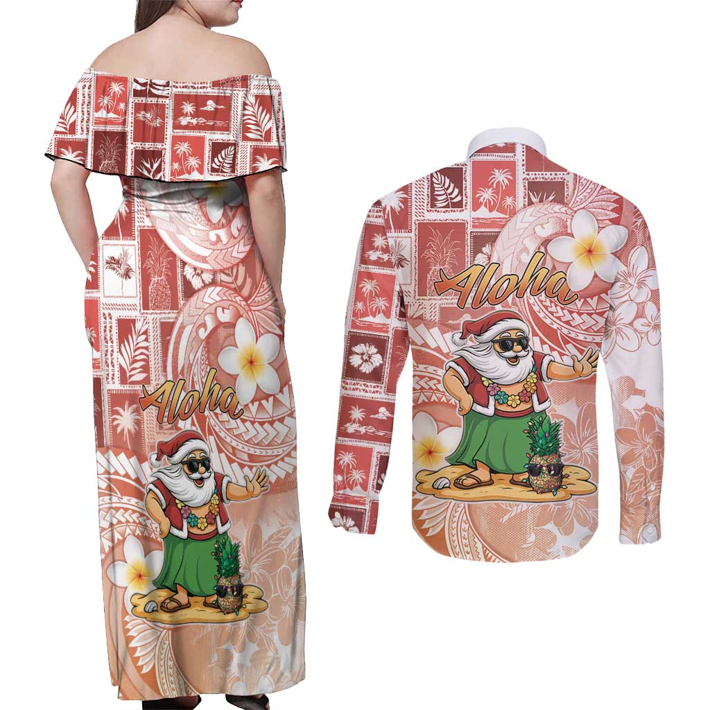 Hawaii Mele Kalikimaka Couples Matching Off Shoulder Maxi Dress and Long Sleeve Button Shirt Hula Santa Retro Style Red - Polynesian Pride