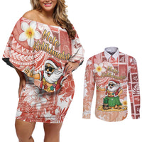 Hawaii Mele Kalikimaka Couples Matching Off Shoulder Short Dress and Long Sleeve Button Shirt Hula Santa Retro Style Red - Polynesian Pride