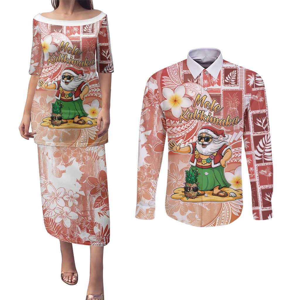 Hawaii Mele Kalikimaka Couples Matching Puletasi and Long Sleeve Button Shirt Hula Santa Retro Style Red - Polynesian Pride
