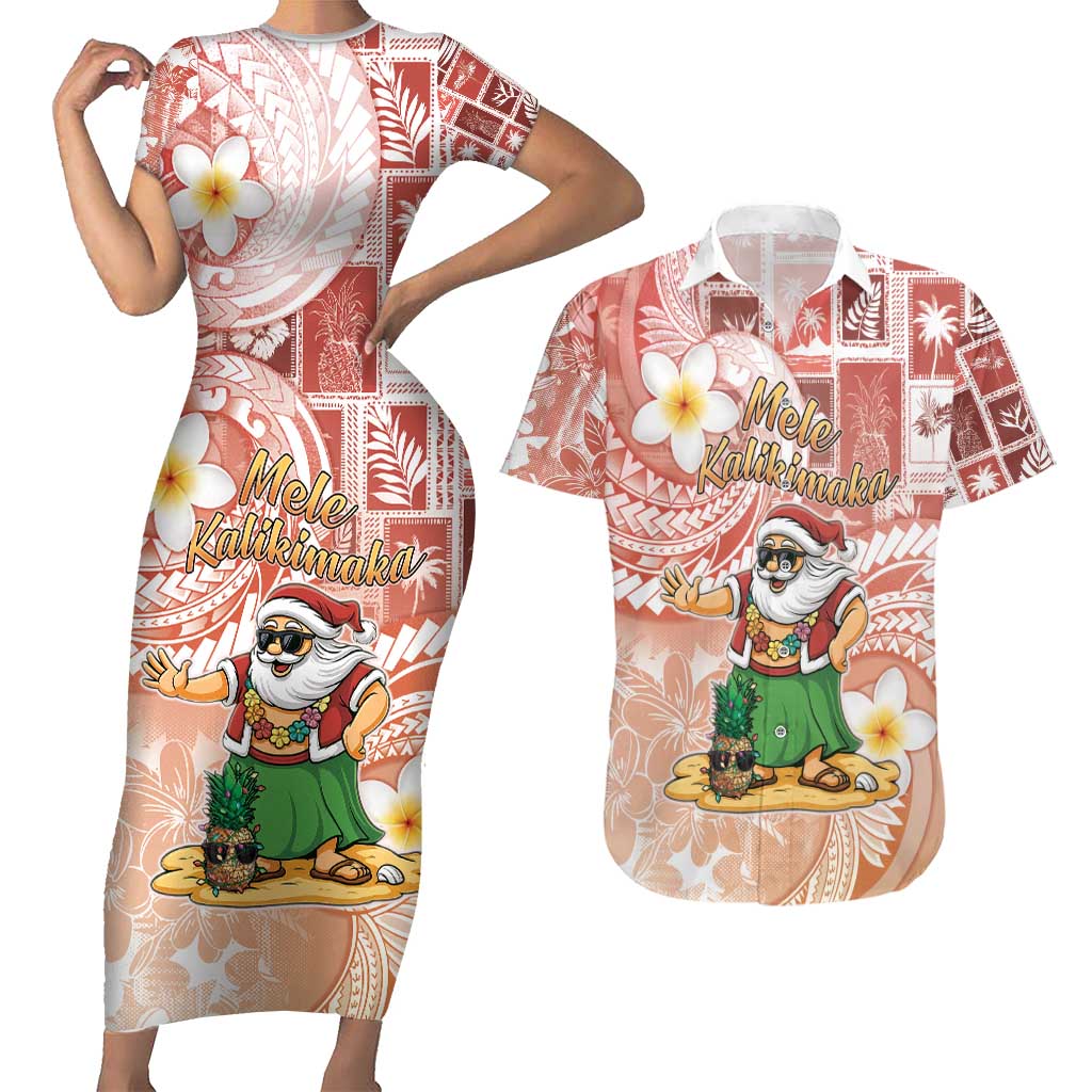 Hawaii Mele Kalikimaka Couples Matching Short Sleeve Bodycon Dress and Hawaiian Shirt Hula Santa Retro Style Red - Polynesian Pride
