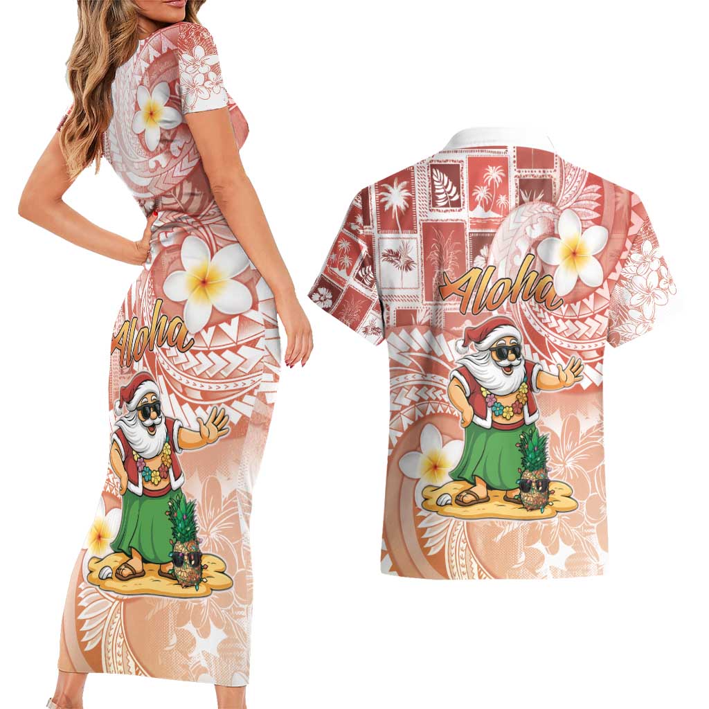 Hawaii Mele Kalikimaka Couples Matching Short Sleeve Bodycon Dress and Hawaiian Shirt Hula Santa Retro Style Red - Polynesian Pride