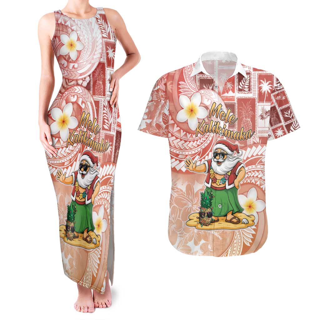 Hawaii Mele Kalikimaka Couples Matching Tank Maxi Dress and Hawaiian Shirt Hula Santa Retro Style Red - Polynesian Pride