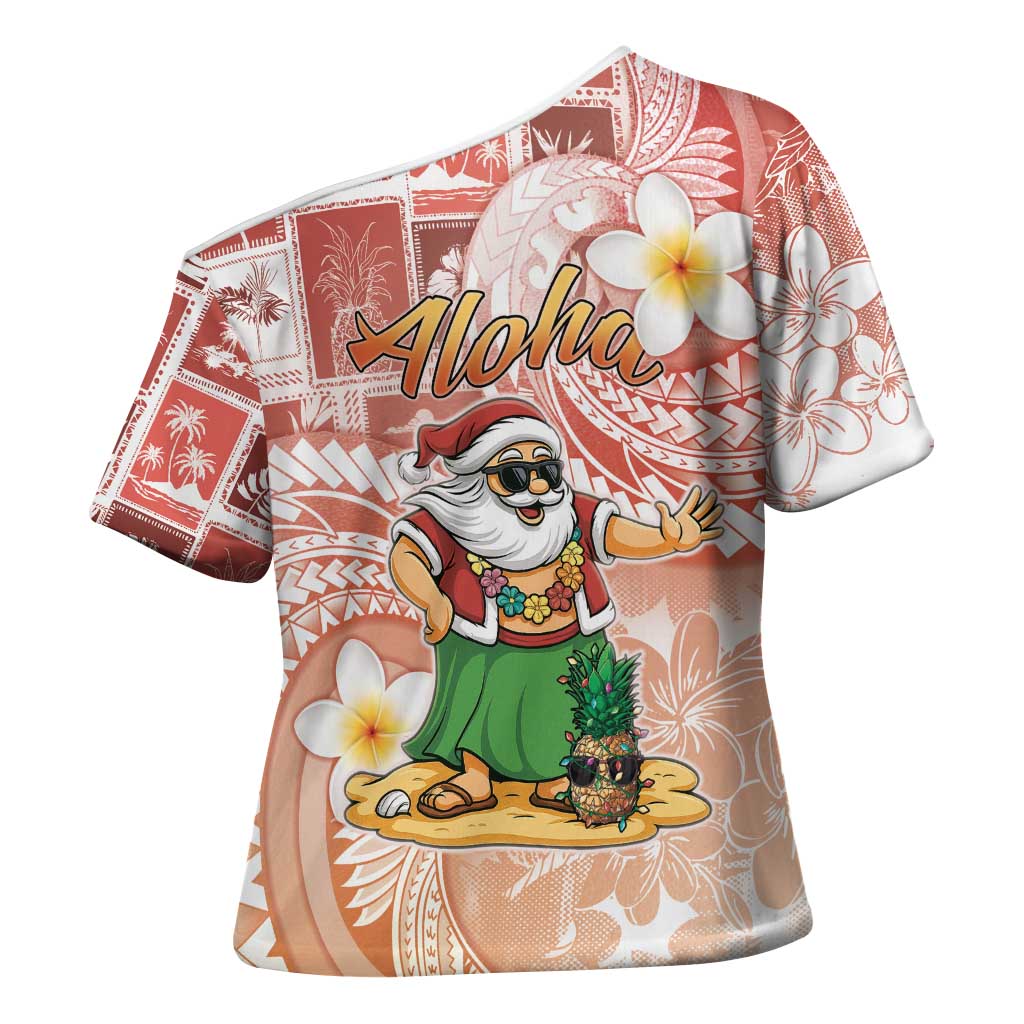 Hawaii Mele Kalikimaka Cross Shoulder Shirt Hula Santa Retro Style Red - Polynesian Pride