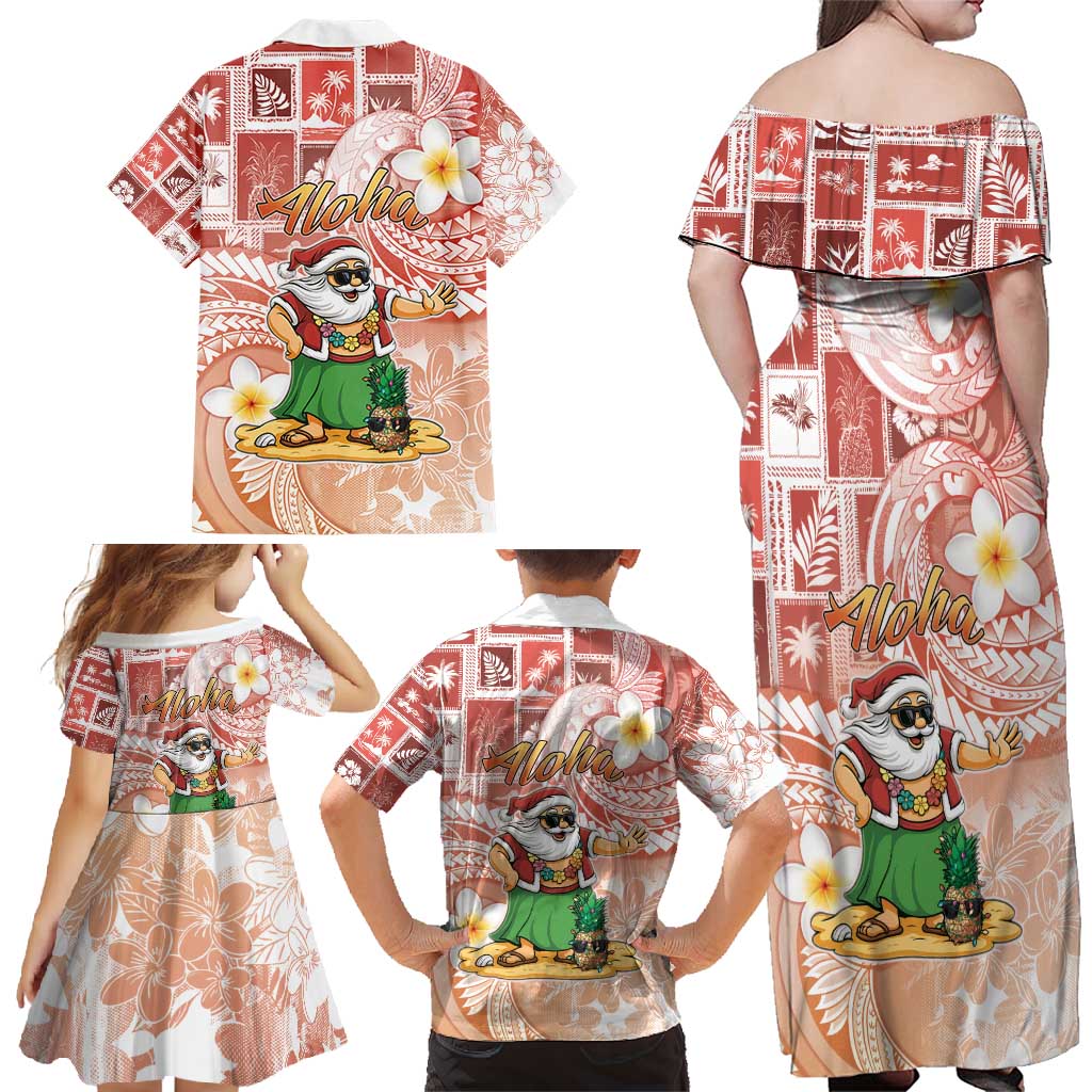 Hawaii Mele Kalikimaka Family Matching Off Shoulder Maxi Dress and Hawaiian Shirt Hula Santa Retro Style Red LT05 - Polynesian Pride