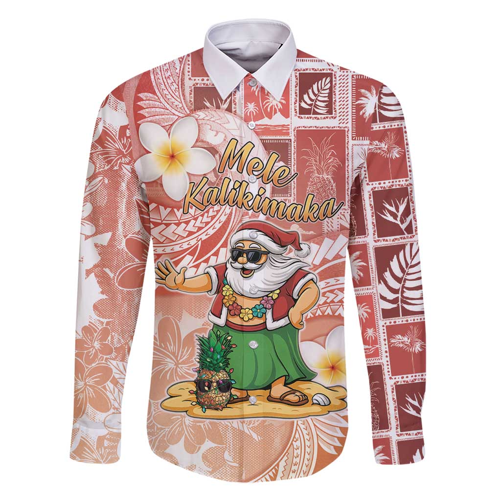 Hawaii Mele Kalikimaka Family Matching Off Shoulder Maxi Dress and Hawaiian Shirt Hula Santa Retro Style Red LT05 Dad's Shirt - Long Sleeve Red - Polynesian Pride
