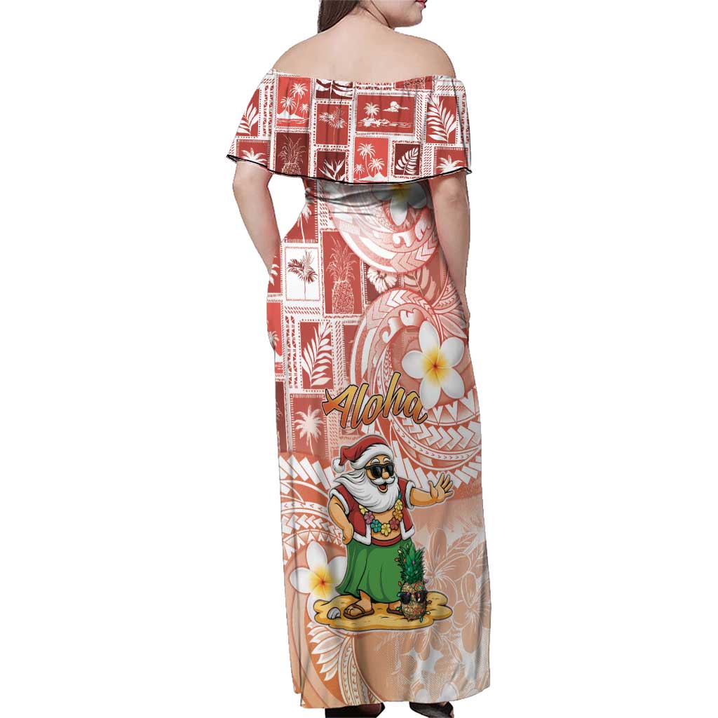 Hawaii Mele Kalikimaka Family Matching Off Shoulder Maxi Dress and Hawaiian Shirt Hula Santa Retro Style Red LT05 - Polynesian Pride