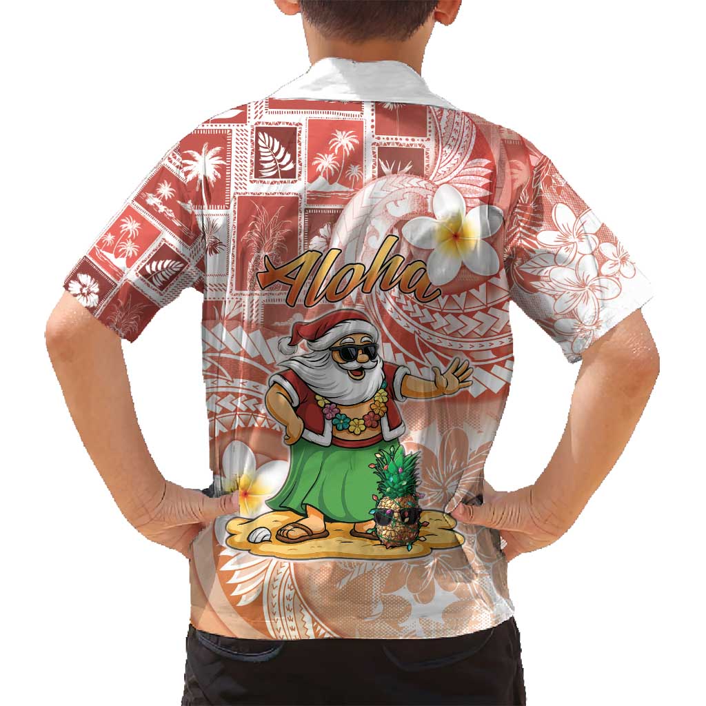 Hawaii Mele Kalikimaka Family Matching Off Shoulder Short Dress and Hawaiian Shirt Hula Santa Retro Style Red LT05 - Polynesian Pride