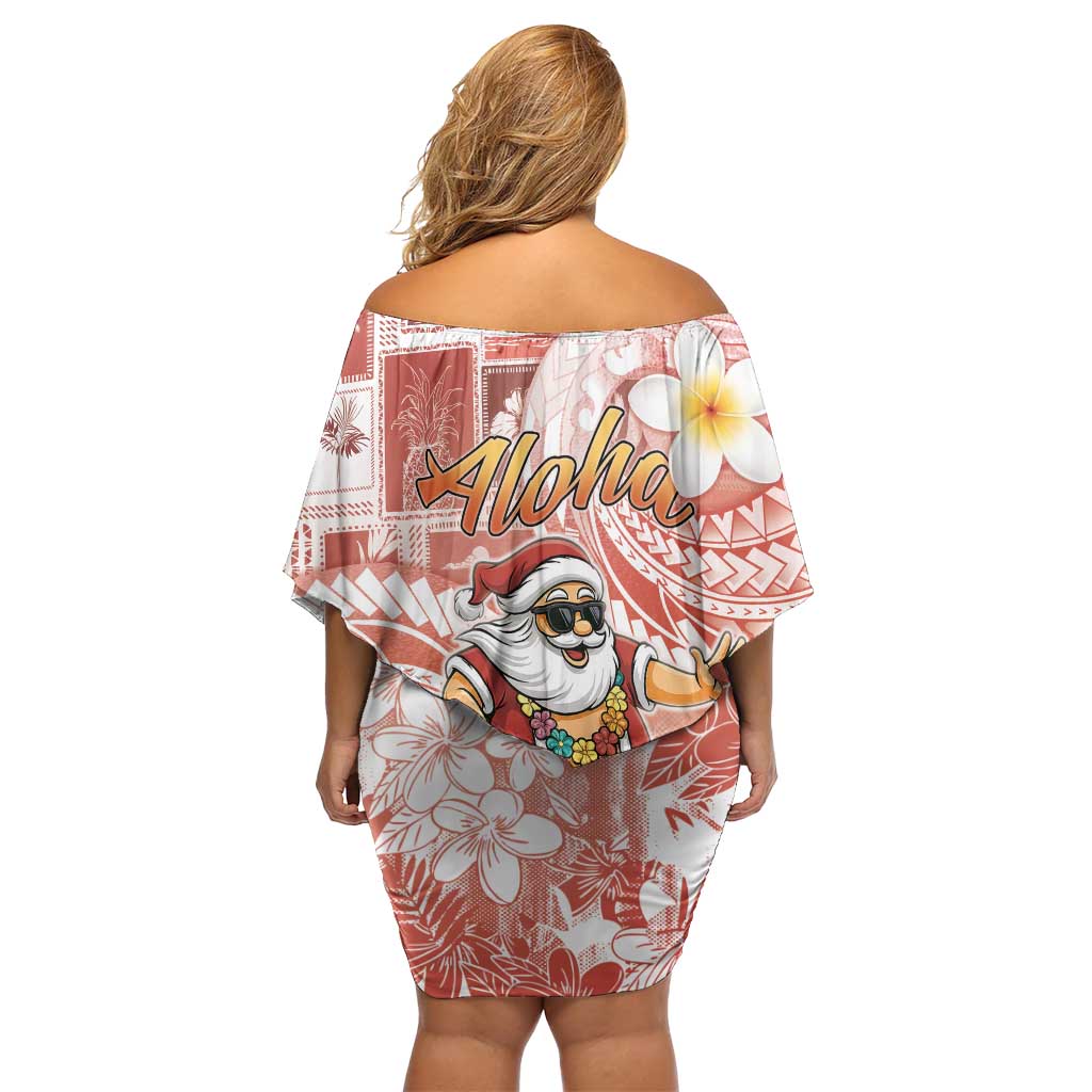 Hawaii Mele Kalikimaka Family Matching Off Shoulder Short Dress and Hawaiian Shirt Hula Santa Retro Style Red LT05 - Polynesian Pride