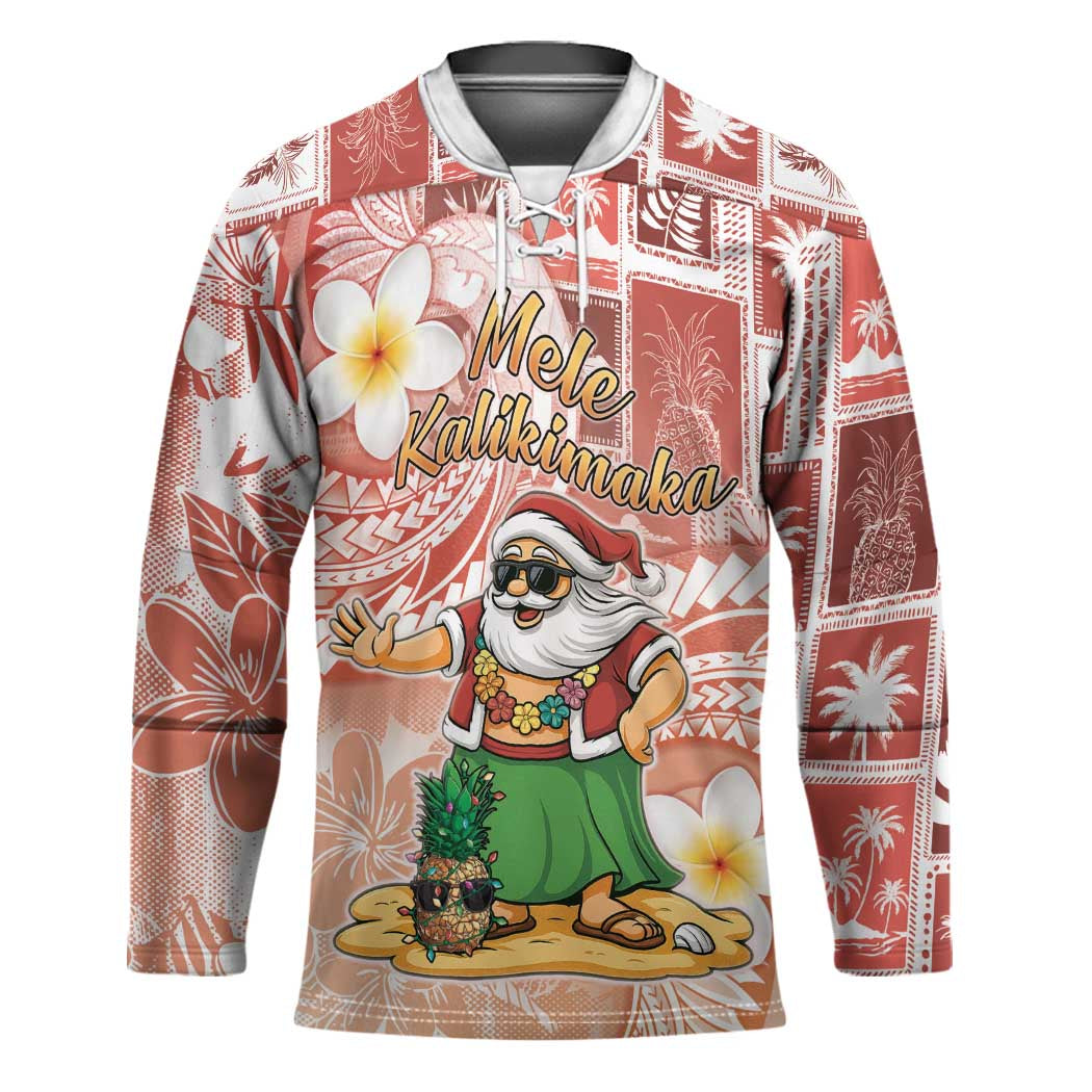Hawaii Mele Kalikimaka Hockey Jersey Hula Santa Retro Style Red - Polynesian Pride