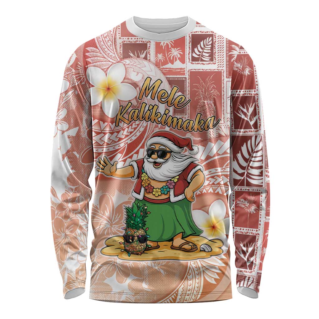 Hawaii Mele Kalikimaka Long Sleeve Shirt Hula Santa Retro Style Red - Polynesian Pride