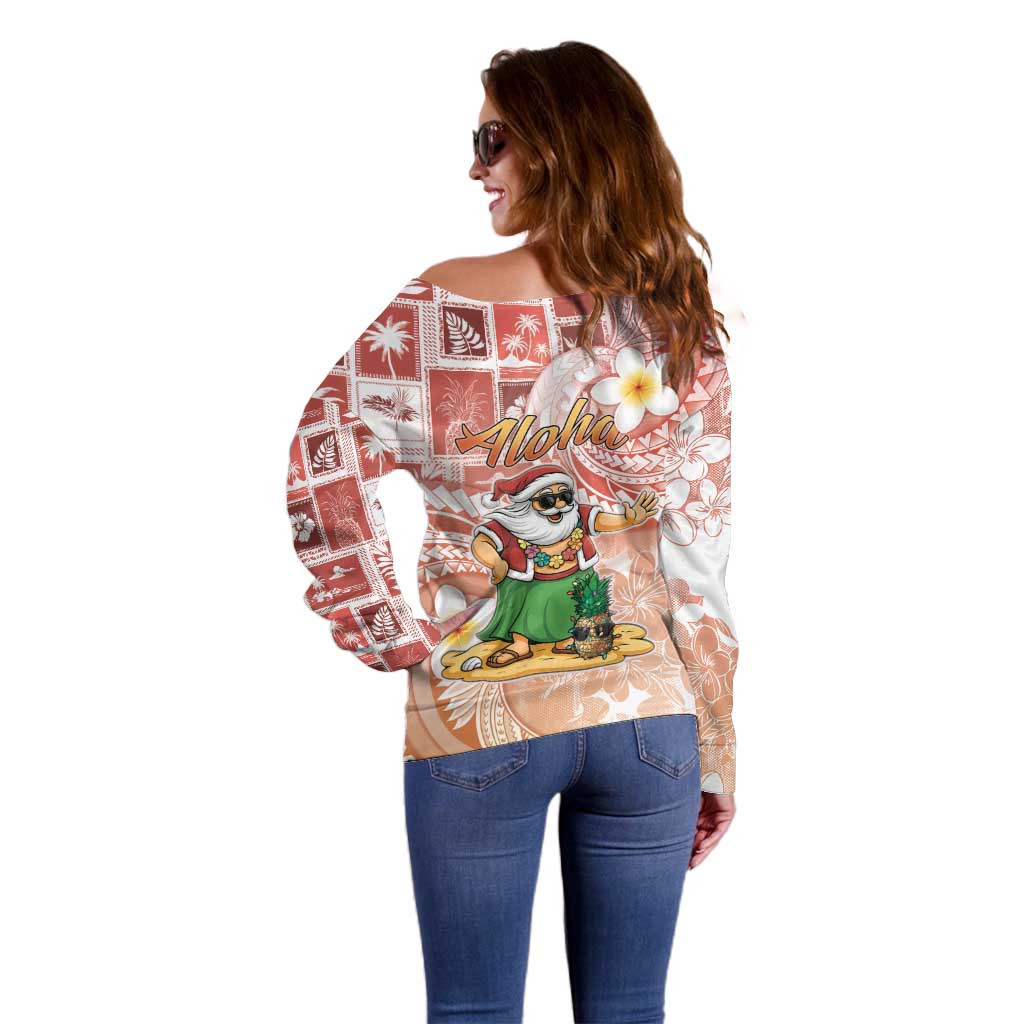 Hawaii Mele Kalikimaka Off Shoulder Sweater Hula Santa Retro Style Red - Polynesian Pride
