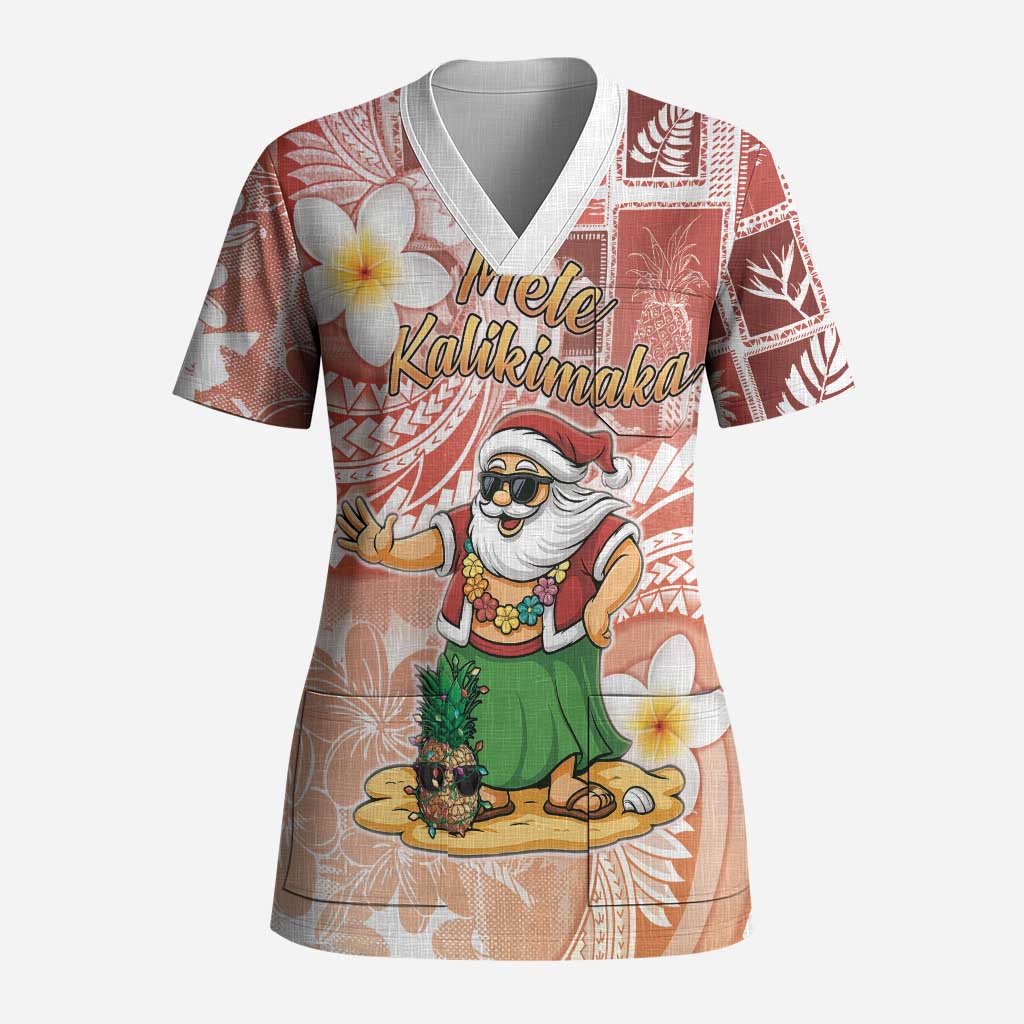 Hawaii Mele Kalikimaka Scrub Top Hula Santa Retro Style Red - Polynesian Pride