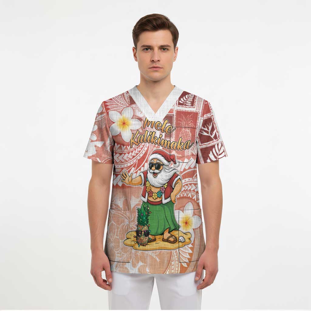 Hawaii Mele Kalikimaka Scrub Top Hula Santa Retro Style Red - Polynesian Pride