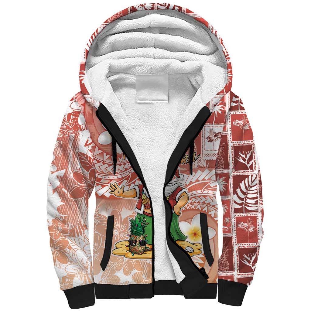 Hawaii Mele Kalikimaka Sherpa Hoodie Hula Santa Retro Style Red - Polynesian Pride