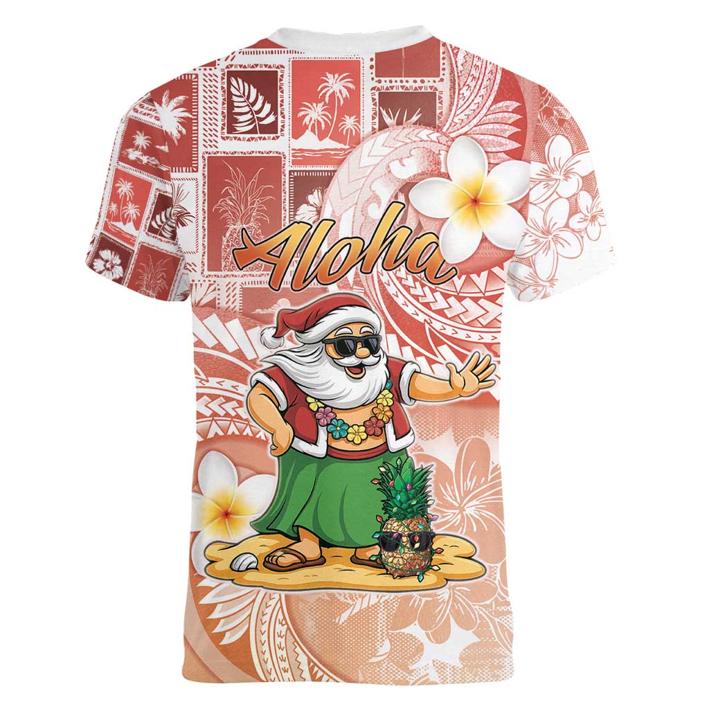 Hawaii Mele Kalikimaka Women V-Neck T-Shirt Hula Santa Retro Style Red - Polynesian Pride