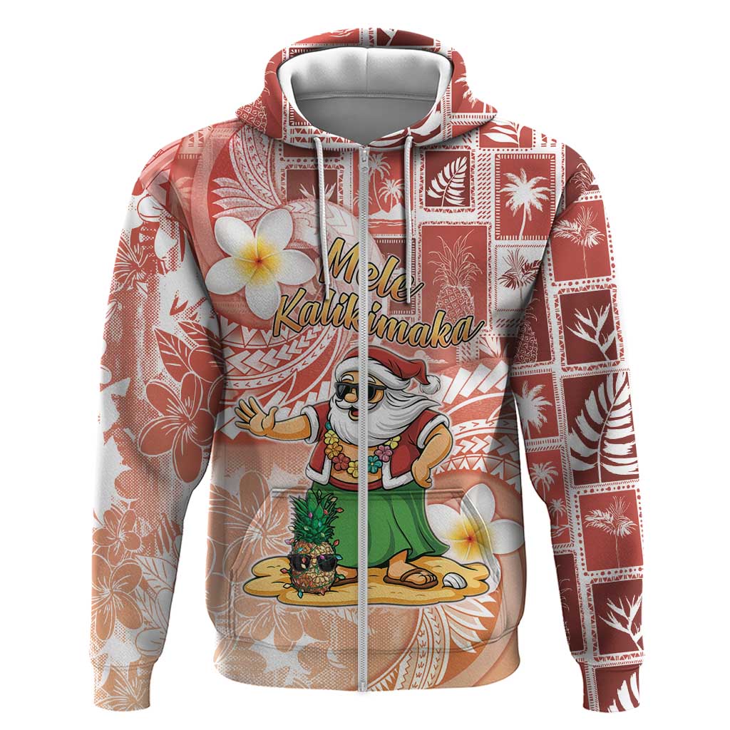 Hawaii Mele Kalikimaka Zip Hoodie Hula Santa Retro Style Red - Polynesian Pride