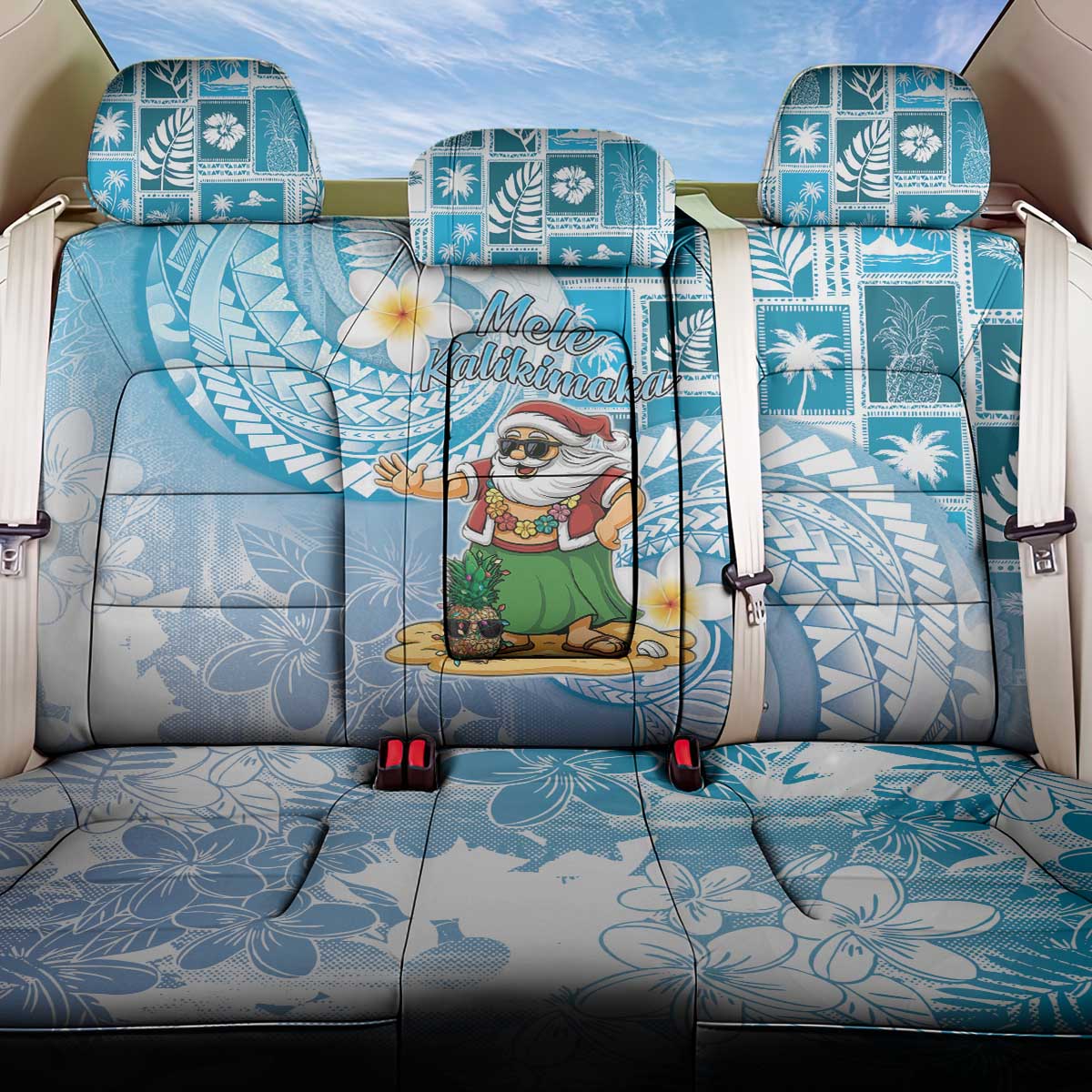 Hawaii Mele Kalikimaka Back Car Seat Cover Hula Santa Retro Style Blue - Polynesian Pride
