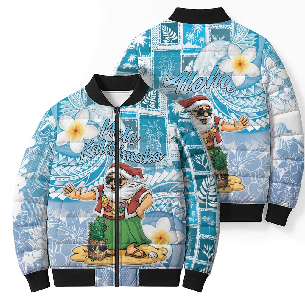 Hawaii Mele Kalikimaka Bomber Puffer Jacket Hula Santa Retro Style Blue - Polynesian Pride
