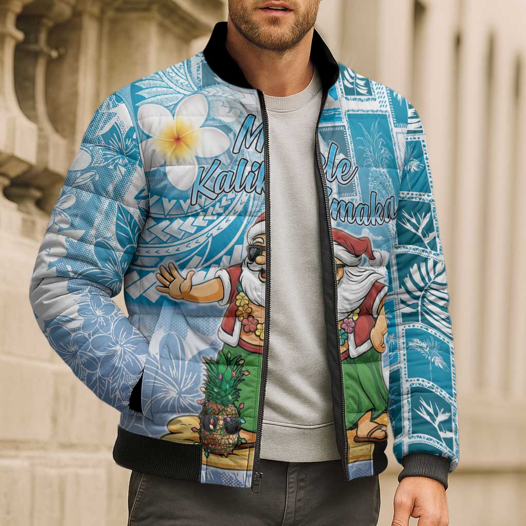 Hawaii Mele Kalikimaka Bomber Puffer Jacket Hula Santa Retro Style Blue - Polynesian Pride