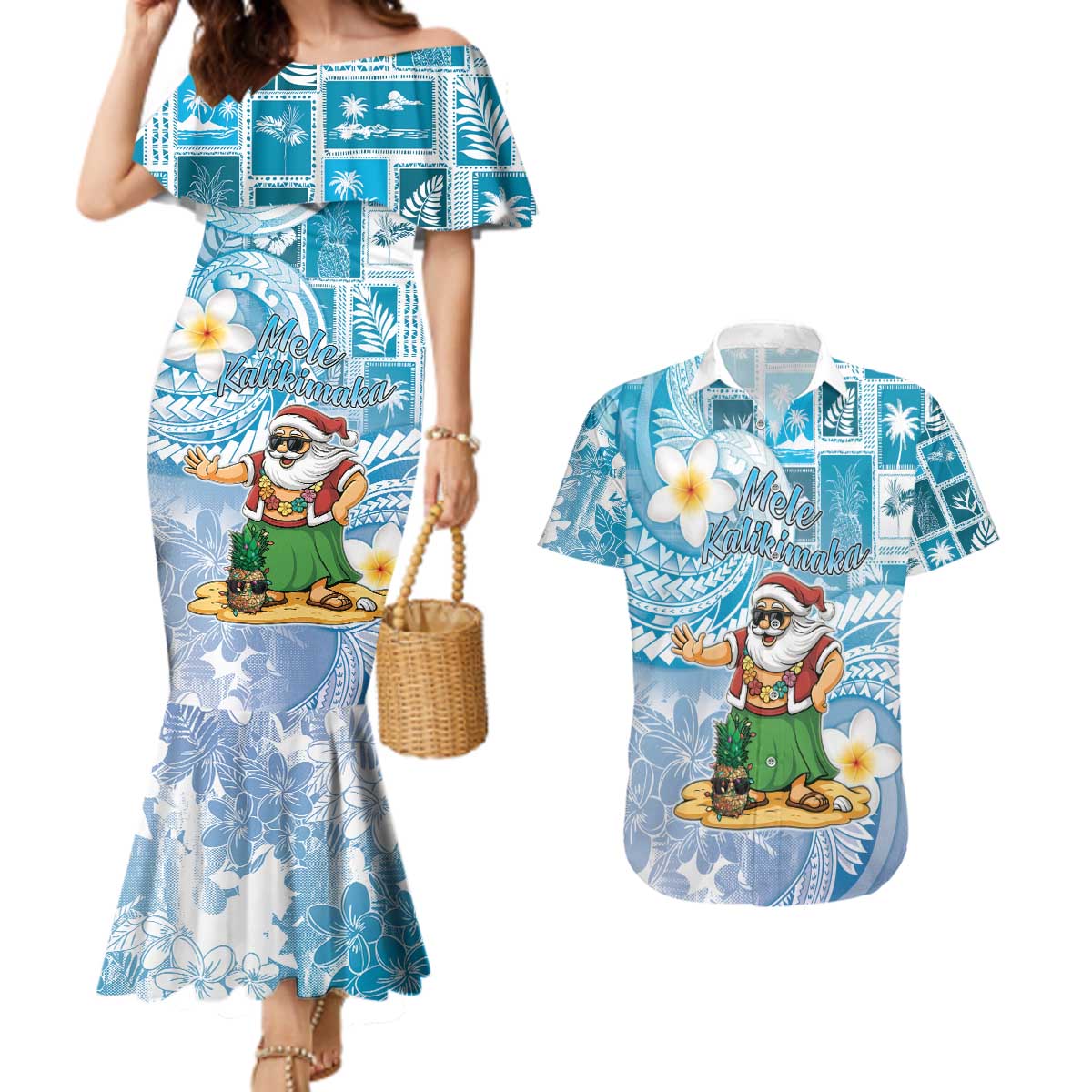 Hawaii Mele Kalikimaka Couples Matching Mermaid Dress and Hawaiian Shirt Hula Santa Retro Style Blue - Polynesian Pride