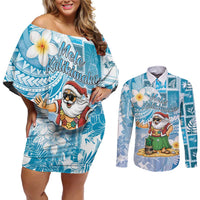 Hawaii Mele Kalikimaka Couples Matching Off Shoulder Short Dress and Long Sleeve Button Shirt Hula Santa Retro Style Blue - Polynesian Pride