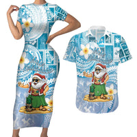 Hawaii Mele Kalikimaka Couples Matching Short Sleeve Bodycon Dress and Hawaiian Shirt Hula Santa Retro Style Blue - Polynesian Pride