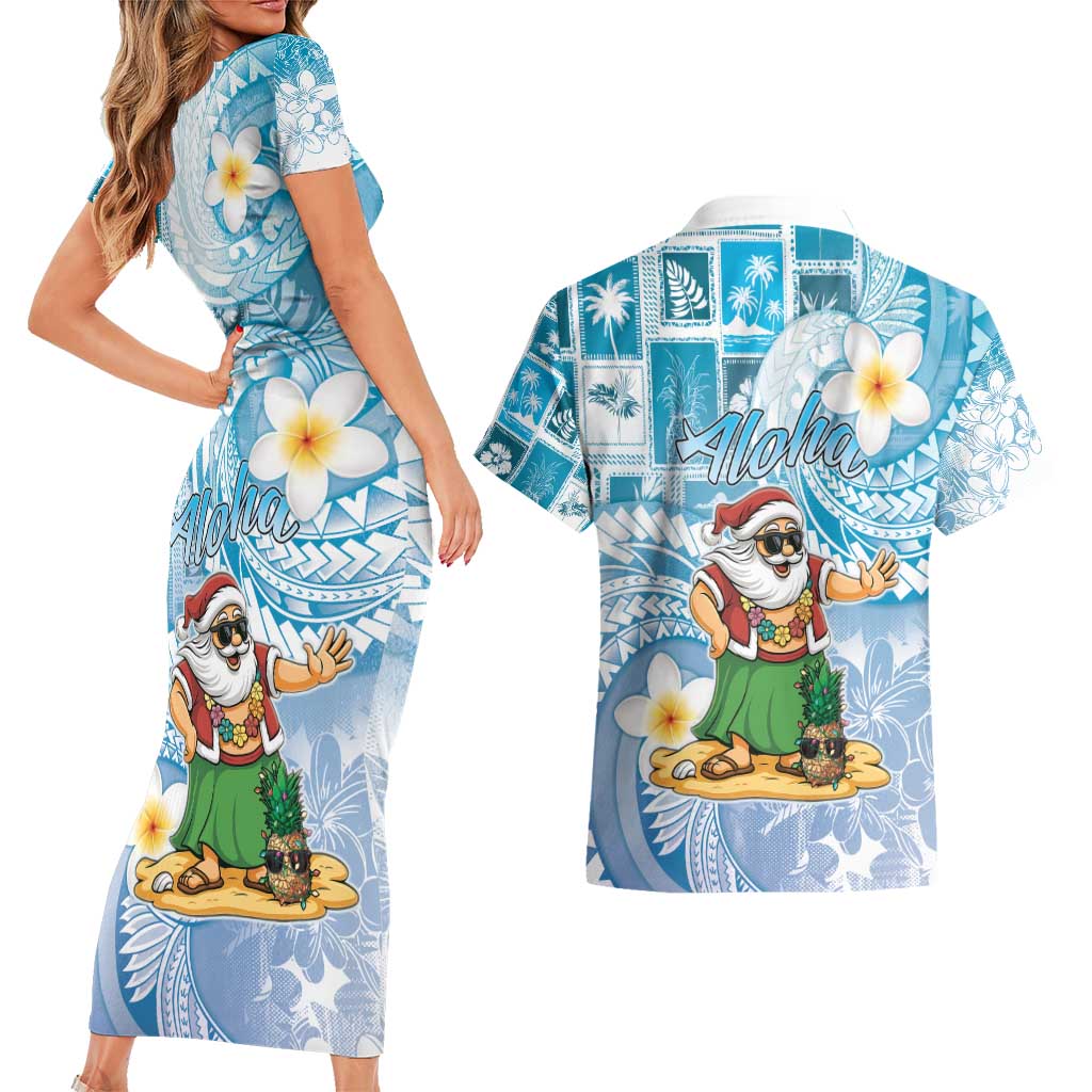 Hawaii Mele Kalikimaka Couples Matching Short Sleeve Bodycon Dress and Hawaiian Shirt Hula Santa Retro Style Blue - Polynesian Pride