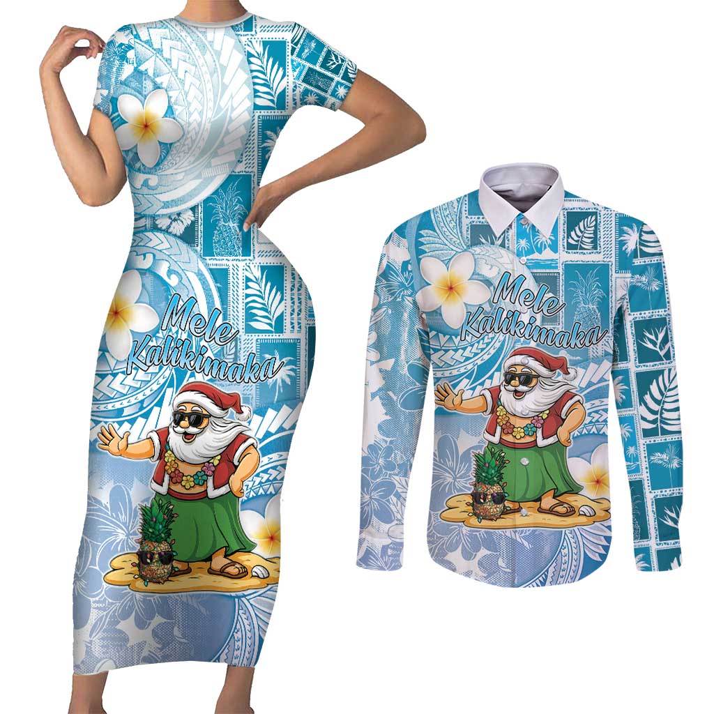 Hawaii Mele Kalikimaka Couples Matching Short Sleeve Bodycon Dress and Long Sleeve Button Shirt Hula Santa Retro Style Blue - Polynesian Pride