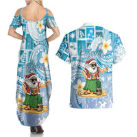 Hawaii Mele Kalikimaka Couples Matching Summer Maxi Dress and Hawaiian Shirt Hula Santa Retro Style Blue - Polynesian Pride